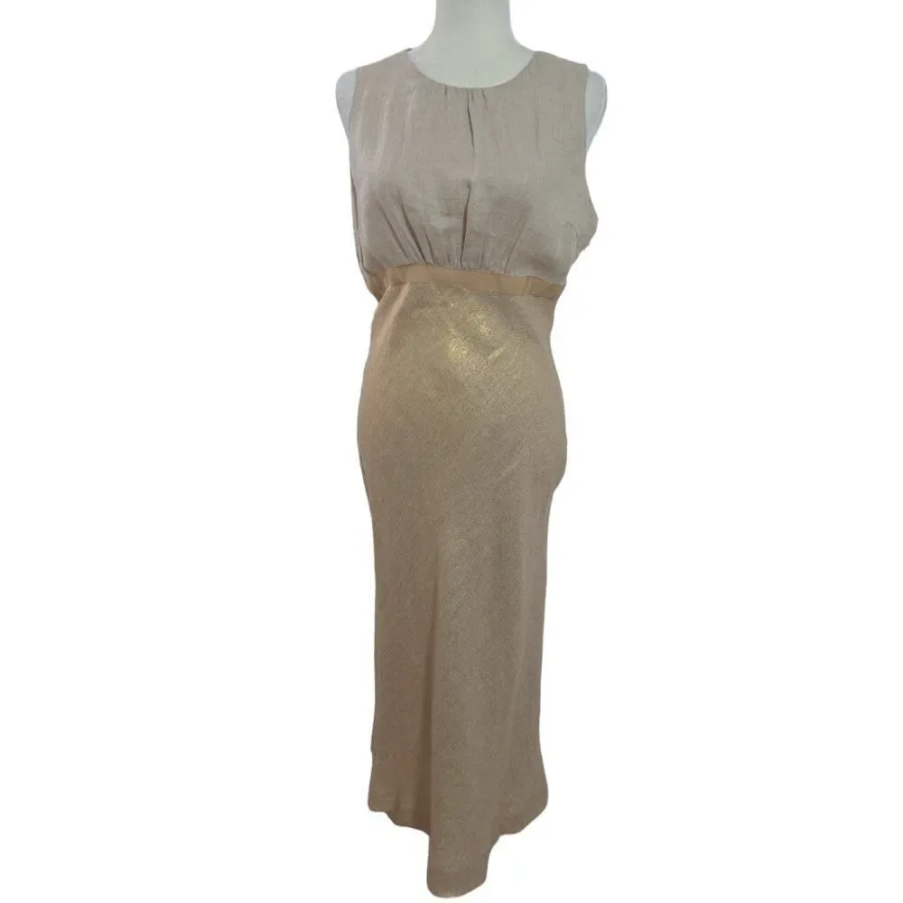 Tory Burch Women's Estee Dress Linen Gold Bias Cut Sleeveless Party Cocktail 10